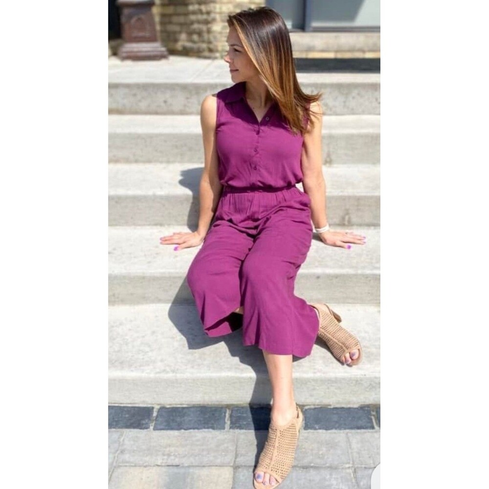 Lularoe L Kathy Collared Button One Piece Jumpsuit Solid Magenta New With Tags